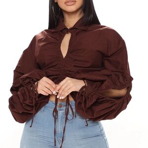 NWOT Fashion Nova Chocolate Brown Blouse Ruching Long Sleeve Sz Large